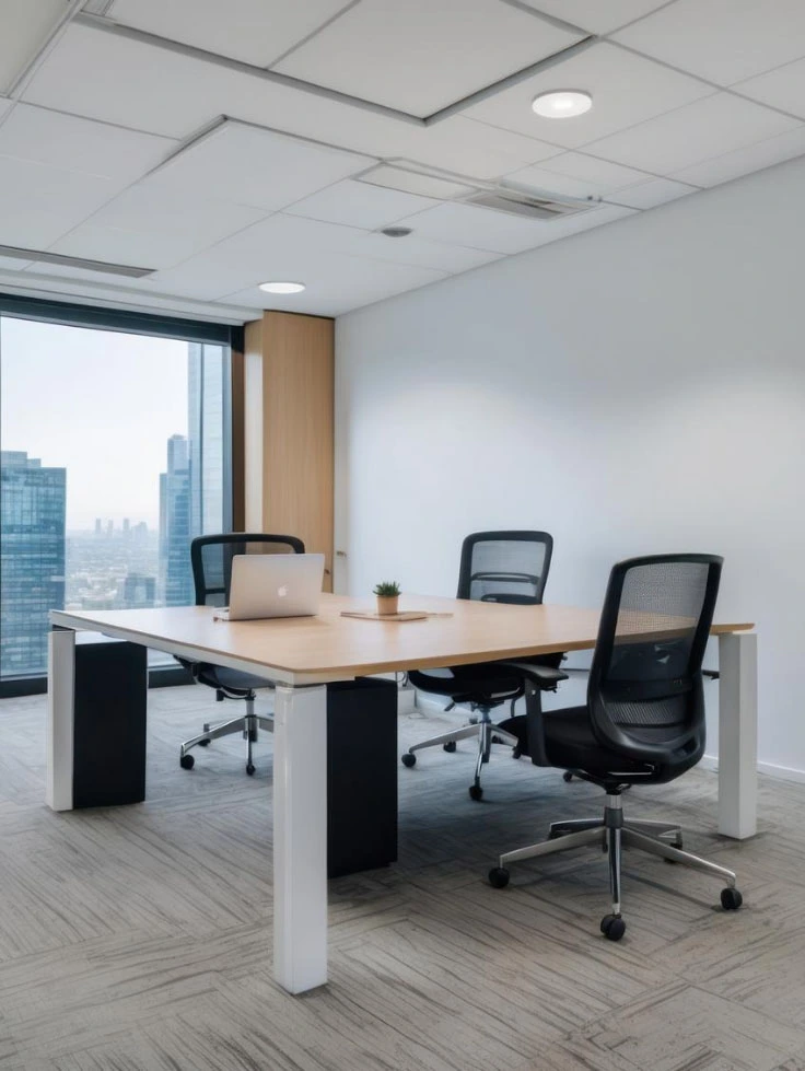 Ein moderner Besprechungsraum mit einem Holztisch, drei schwarzen Netzstühlen, einem Laptop und einer kleinen Pflanze. Große Fenster bieten einen Blick auf die Wolkenkratzer der Stadt – ideal für produktive Sitzungen und mit zuverlässiger Büroreinigung Graz, die den makellosen Zustand aufrechterhält.