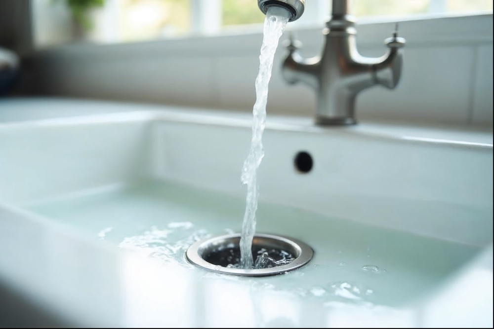 Wasser läuft in einen offenen Abfluss in einem Waschbecken